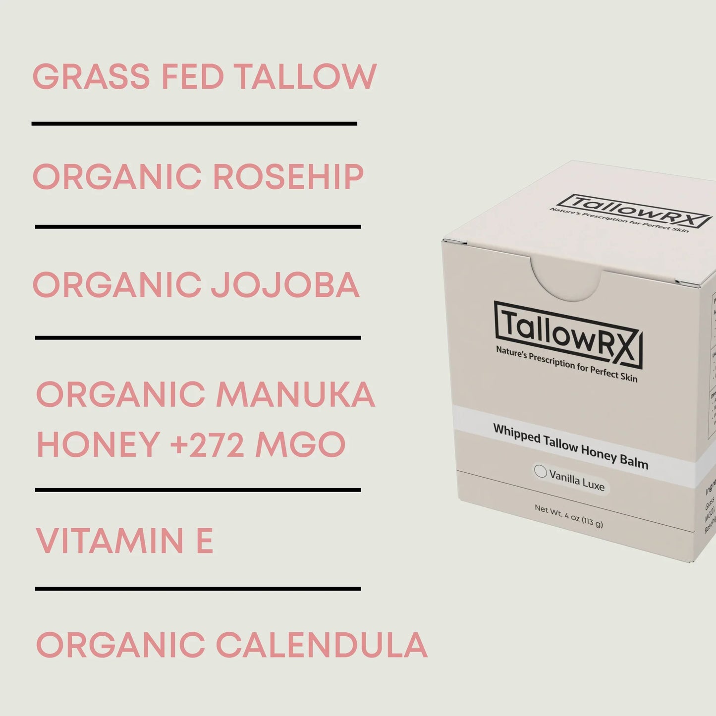 TallowRX Vanilla Luxe balm packaging next to ingredient list including grass-fed tallow, organic rosehip, jojoba, manuka honey, vitamin E, and calendula