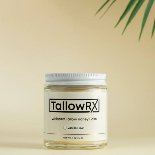 TallowRX Vanilla Luxe whipped tallow balm in 4 oz jar, natural moisturizer made with honey and tallow, minimalist design