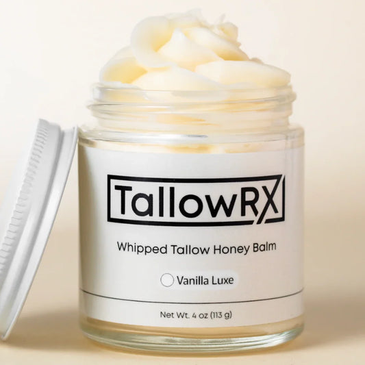 Open jar of TallowRX Vanilla Luxe whipped tallow balm, showing creamy texture of natural moisturizer made with tallow and honey